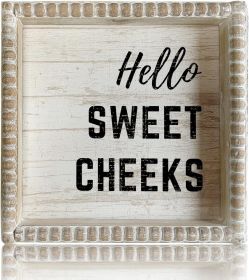 Boho Farmhouse Wooden Framed Bathroom Decor Signs, Funny Restroom Decorative Plaque Small Cute, Toilet Rules Shelf Decoration (Hello Sweet Cheeks