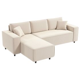 Corner Sofa With Reversible Chaise Lounge, Corduroy L-Shaped Sectional Sofa With Pocket Spring, Cream White (Color: White)