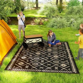 Reversible Outdoor Rug, Waterproof Plastic Straw With Carry Bag, 9 X 12, Black & Beige Rhombus (Color: BLACK)
