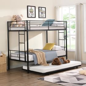 Over Twin Bunk Bed Frame with Trundle,Metal Bunkbed with Sturdy Guard Rail and 2 sideLadders for Kids/Adults,Can be Divided Into Two Beds (Color: BLACK)