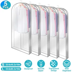 5 Pack Garment Bag For Hanging Clothes Dustproof Waterproof Hanging Clothes Storage Bag Clear Transparent Suits Cover For Sweater Jacket Coat Dre (Option: L)